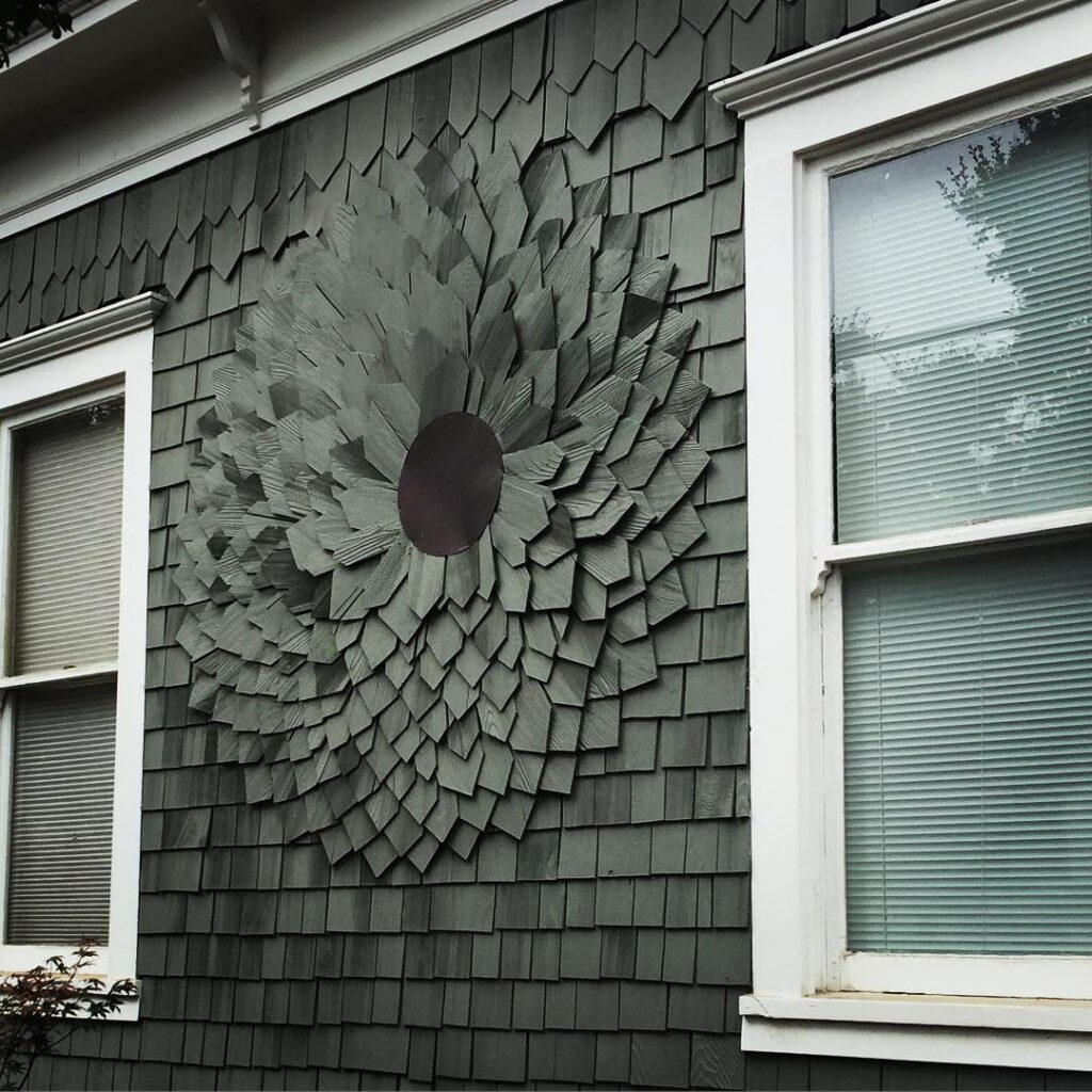 floral design created with patterned cedar shingles