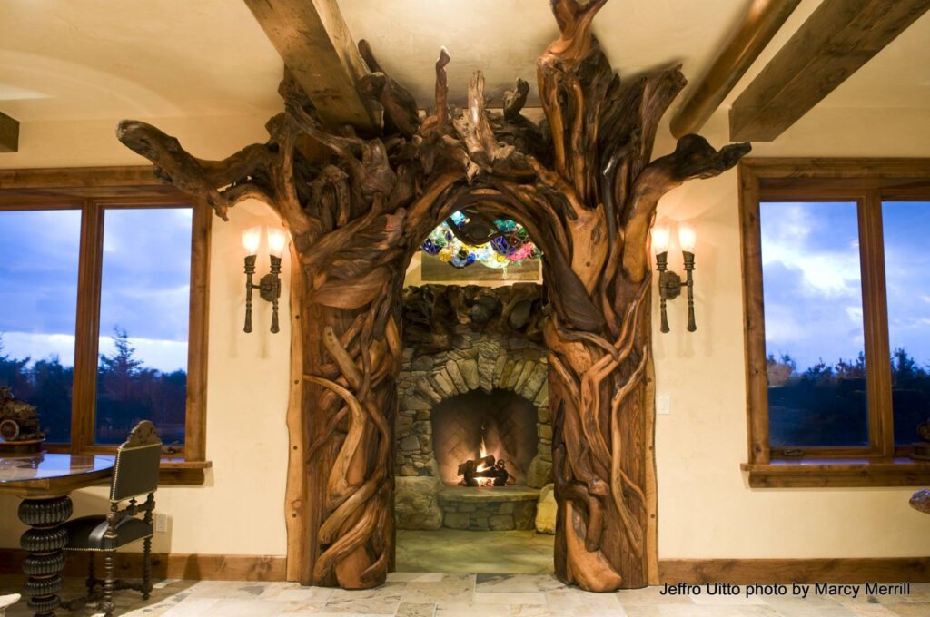 Entrance decorated using driftwood
