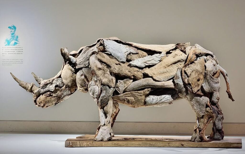 Rhino sculpture made using driftwood as material
