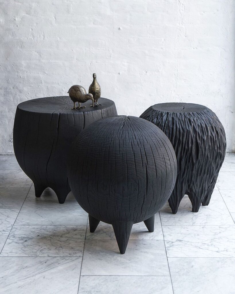 Kieran Kinsella black burnt wood stools trio