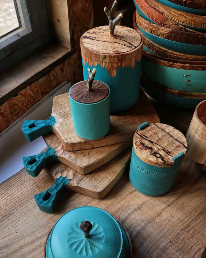 Carved wood boxes with lids and cutting boards by Cornish Woodsmith