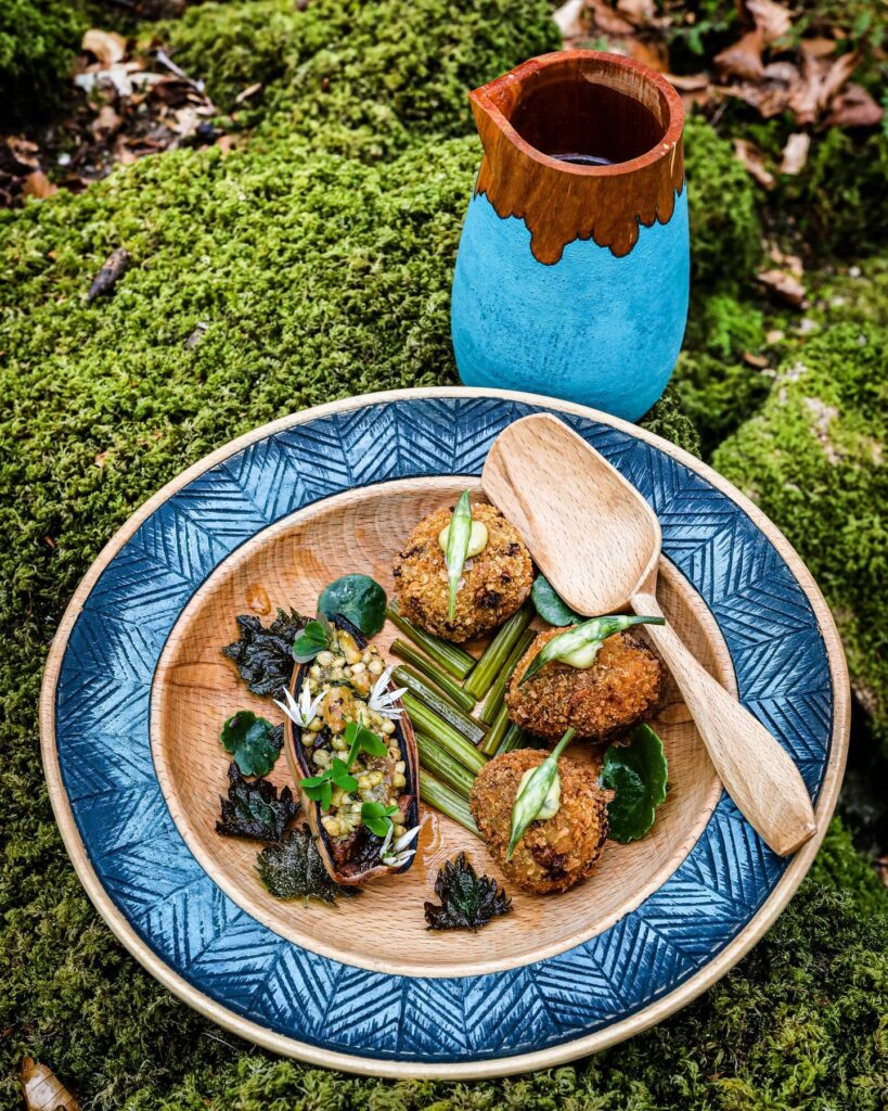 Hand carved wooden plate and jug