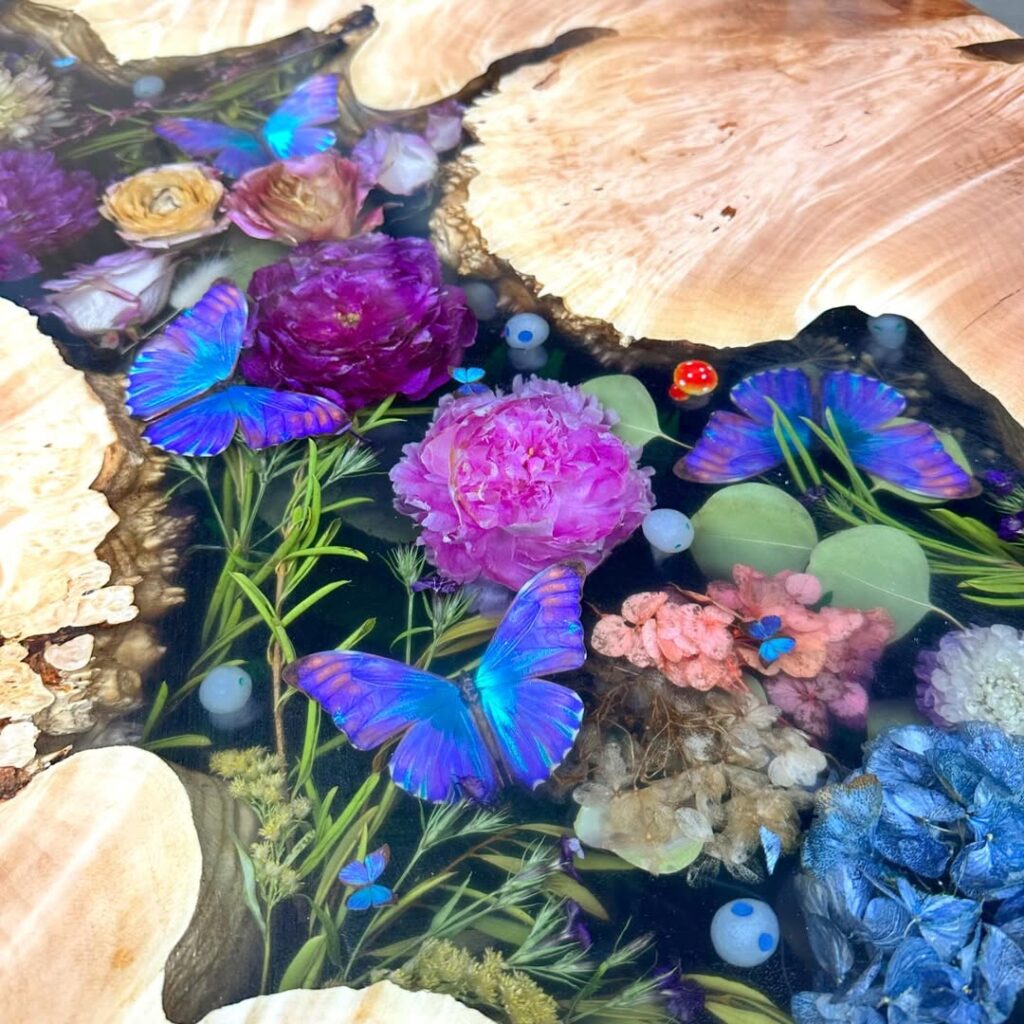 resin and wood table top close up